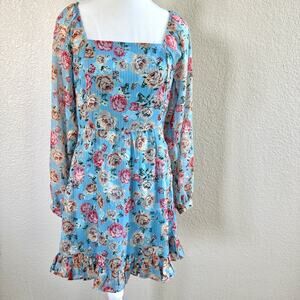 Adelyn Rae Sz Small Blue Floral Vero Poet Sleeve Ruffle Hem A-Line Square Neck